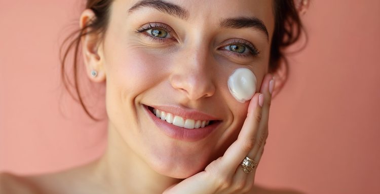 Kvinna som smörjer sitt ansikte med hudvård