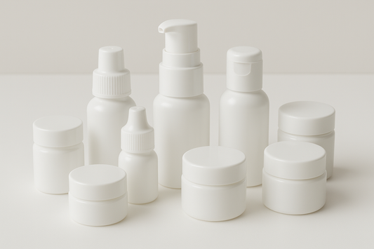 Små provburkar och flaskor med hudvård